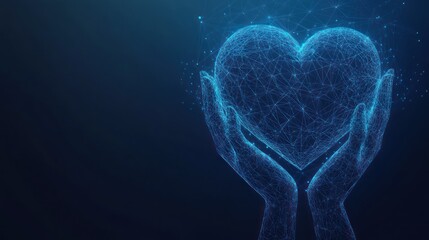 Digital heart held in hands, dark blue background, healthcare concept