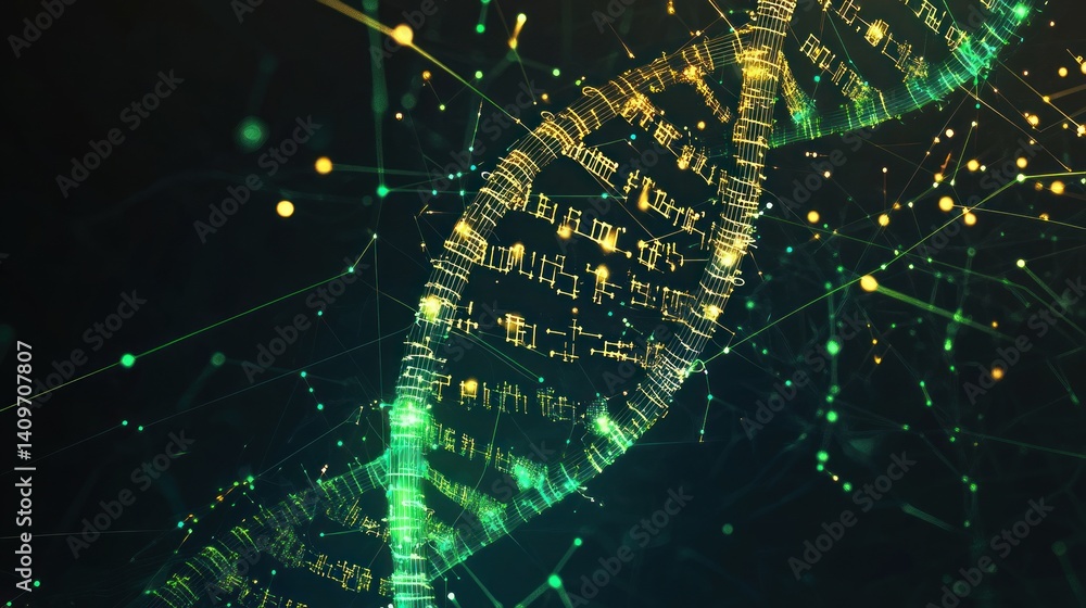 Poster an intricate, glowing dna strand representation, showcasing the double helix structure with a networ