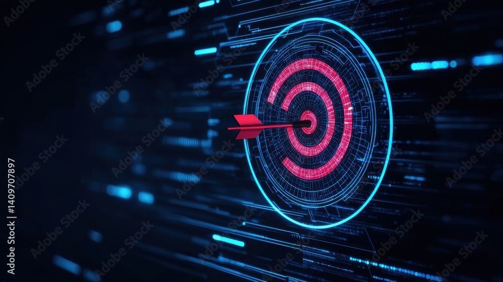 Poster high-tech digital interface displaying a futuristic dartboard with perfect aim, symbolizing business