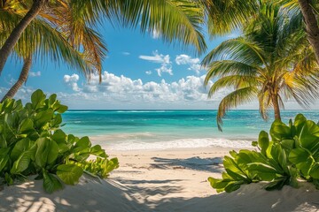 Fototapeta premium Tropical beach paradise with palm trees and pristine sand under a clear blue sky