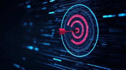 High-tech digital interface displaying a futuristic dartboard with perfect aim, symbolizing business success.