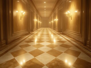 Long hallway with checkered floor and sconces casts a warm golden light.