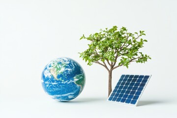 Earth Globe with Green Tree and Solar Panel on White Background