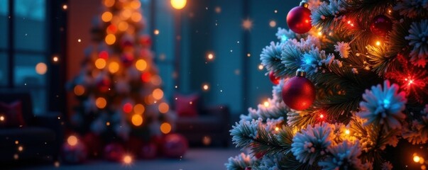 Glowing Christmas tree with colorful garlands and sparkling ornaments, ornaments, glowing, tree