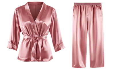 A luxurious pink silk pajama set, including both a jacket and pants, is shown in a front view using a ghost mannequin technique, isolated on a white background
