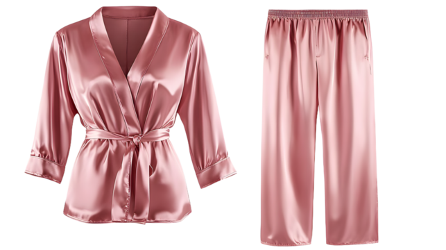A luxurious pink silk pajama set, including both a jacket and pants, is shown in a front view using a ghost mannequin technique, isolated on a white background