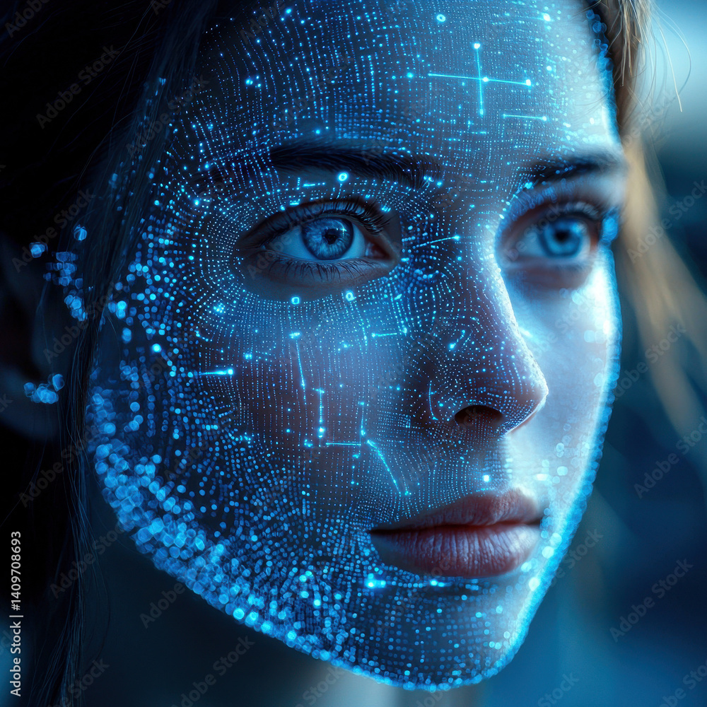 Poster modern biometric analysis on a woman's face showcases privacy technology with encrypted data streams