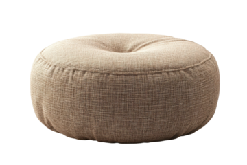 Plush beige round pouf ottoman modern minimalist design studio shot on on transparent background