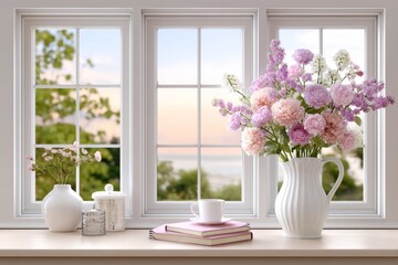 A sunrise view from a window with a planner on the windowsill