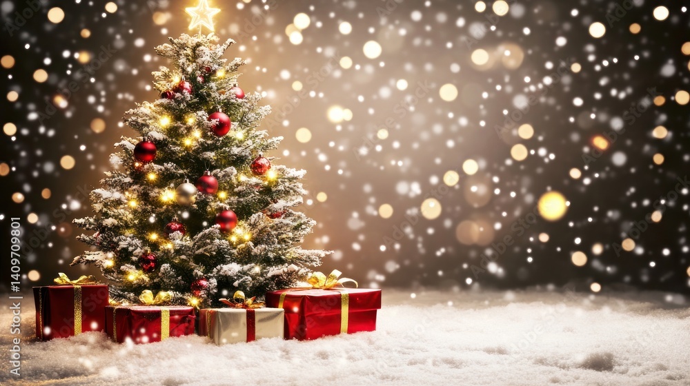 Poster a festive christmas scene with a decorated tree illuminating the snowy backdrop and casting a warm glow upon the neatly arranged presents adding a touch of magic