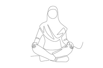 Muslim woman wearing hijab meditating. Meditation concept one-line drawing