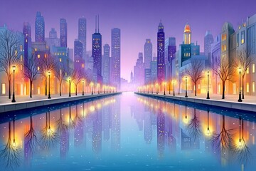 Obraz premium A watercolor evening scene of an urban skyline reflecting on a canal with city lights