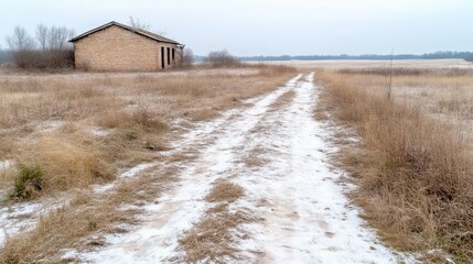 Empty rustic brick building at the end of a snowy country lane