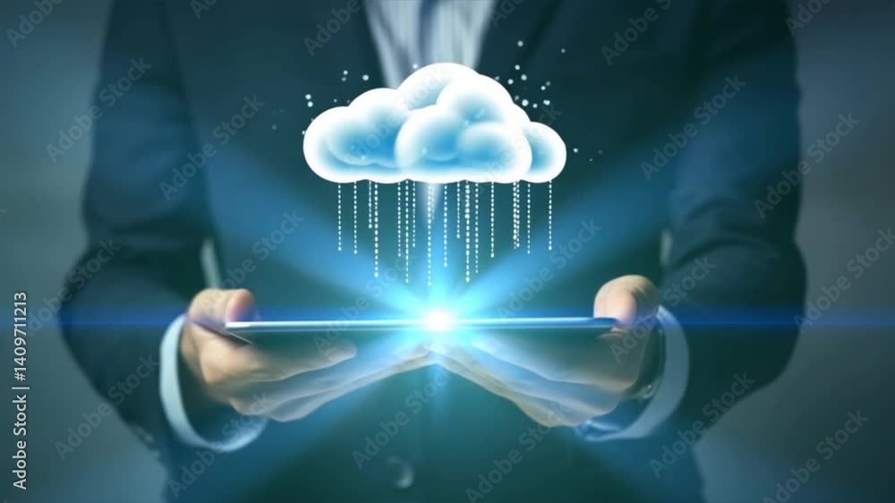 Aufkleber a modern businessman holds a tablet displaying a glowing cloud with digital rain, symbolizing cloud 