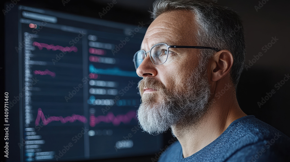 Poster focused man analyzing data on screen, showcasing determination and insight
