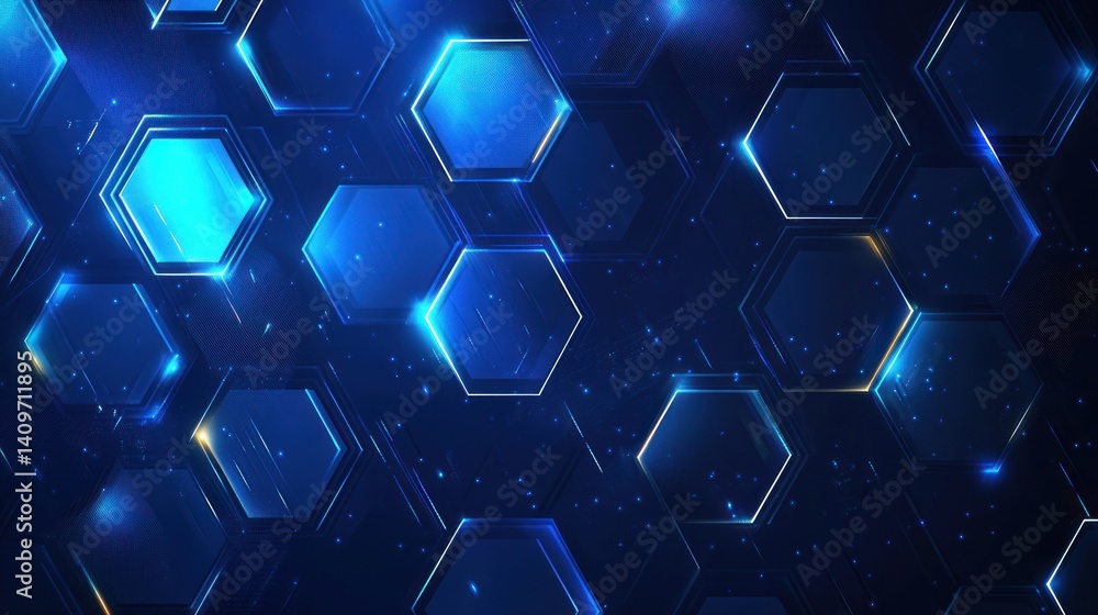 Poster abstract futuristic honeycomb design with vibrant blue and light effects creating a modern and techn