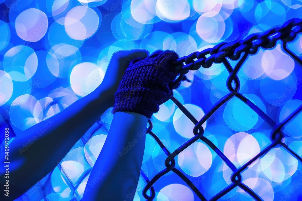 Poster hands gripping a chain-link fence with a blue bokeh background.