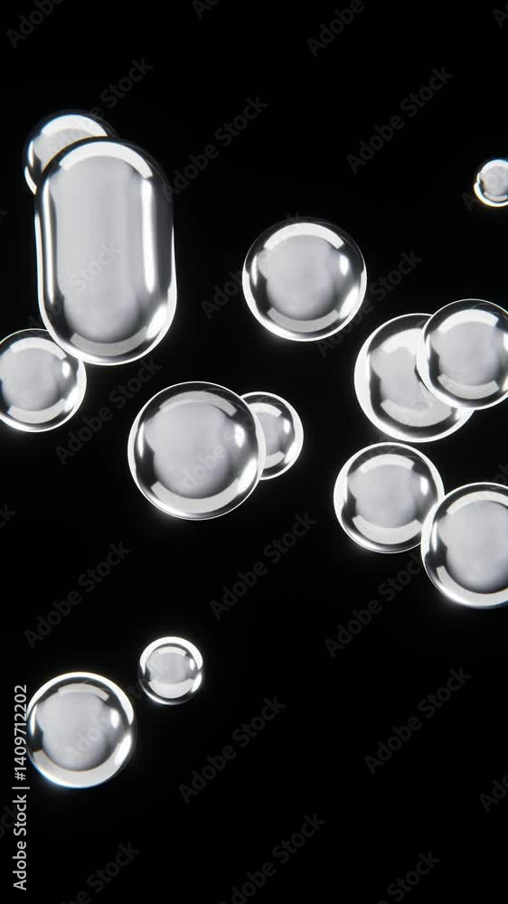 Poster abstract 3d vertical chrome metallic silver spheres bubbles blob loop animation futuristic holograph