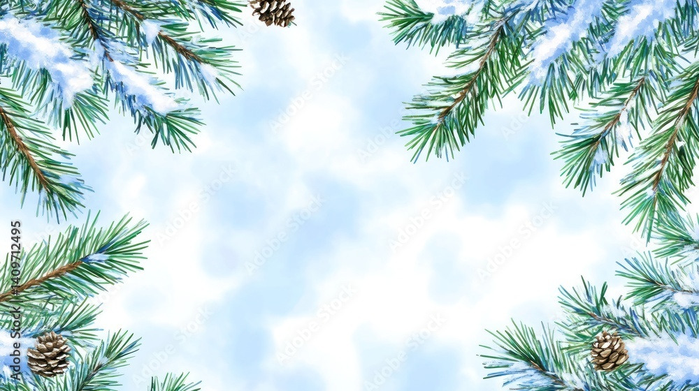 Aufkleber a serene winter backdrop featuring delicate pine branches adorned with pristine snow and natural pin