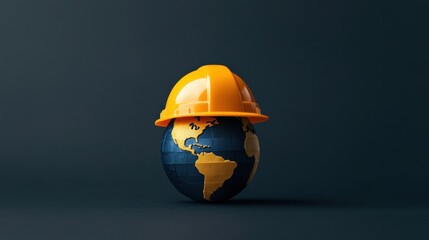 Symbolic representation of labor safety and health--a globe donning a hard hat and protective mask, showcasing unity in global workforces.