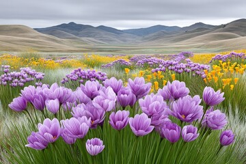 Obraz premium Fields of purple and yellow wildflowers in early spring