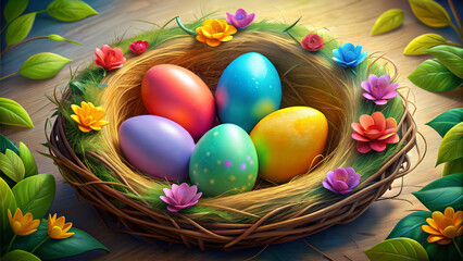 Colorful Easter Eggs In Nest Surrounded By Spring Flowers Beautiful Illustration