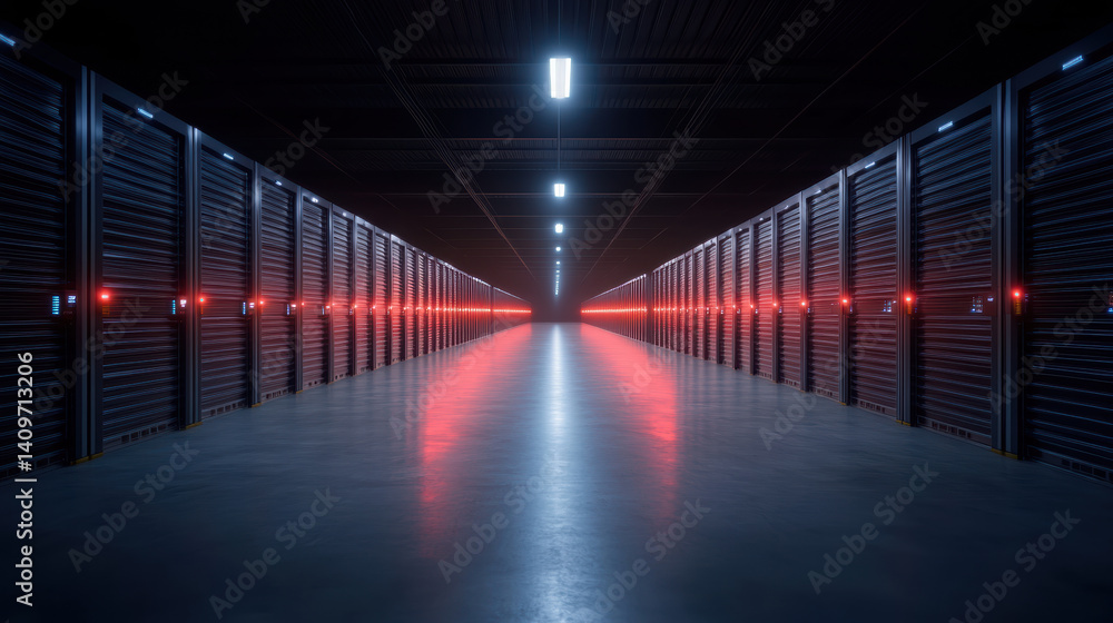 Poster futuristic data center with rows of servers illuminated by red lights creates striking