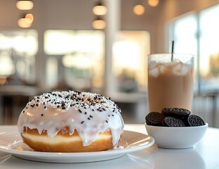 Iced donut, cookies, and iced coffee on a table