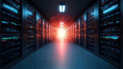 futuristic data center corridor with glowing servers and bright light end creates sense