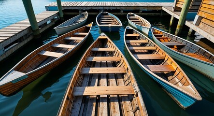 rowboats floating near wooden dock cinematic view background 