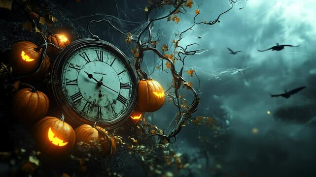 Halloween's Timeless Charm: A whimsical Halloween scene, featuring a vintage clock amidst carved pumpkins and a foreboding moonlit sky, captured in a unique and atmospheric illustration.