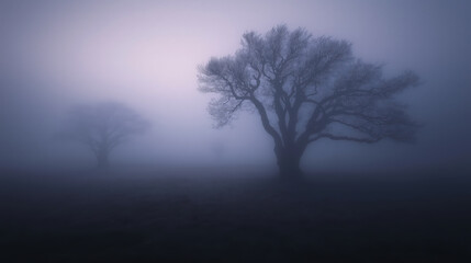 foggy moor at dawn with gnarled trees emerging from mist creates mysterious atmosphere
