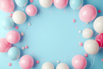 Pastel Balloon Circle Celebration. Festive pastel balloons arranged in a circle on a light blue background, ideal for party and birthday designs.