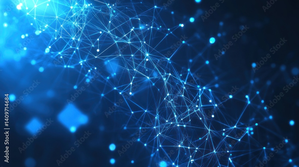 Poster abstract blue technology network background with glowing nodes and interconnected lines representing