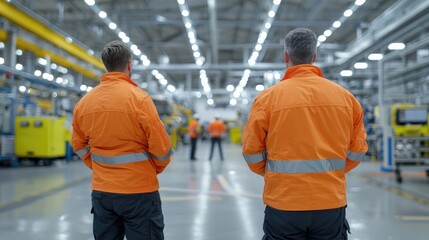 Factory workers in bright orange safety jackets stand back in a large, modern factory