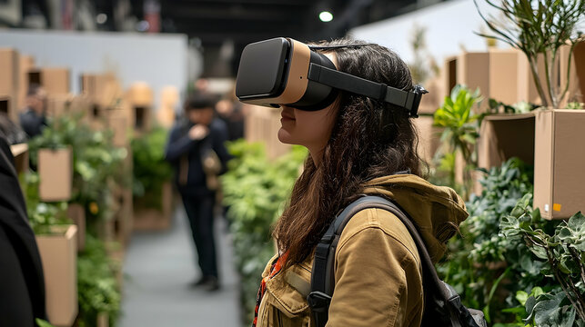 VR experience at trade show surrounded by plants
