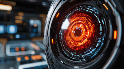 Futuristic AI powered threat detection system close up