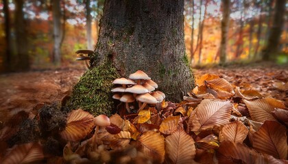 Obraz premium Mushrooms growing at the base of a tree in autumn forest