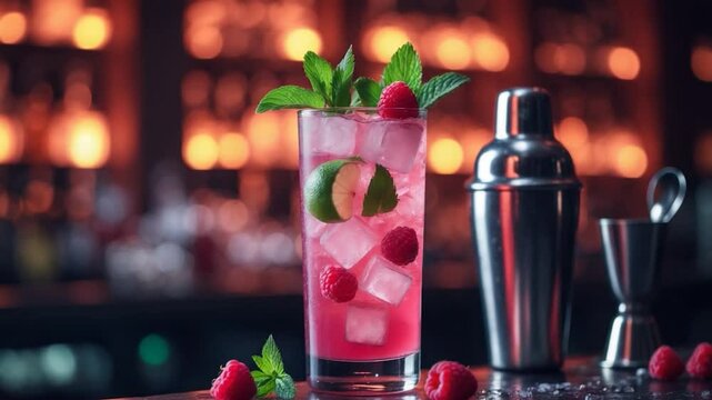 Raspberry drink with white rum, syrup, fruit juice, lime, berries, and ice served in a glass.