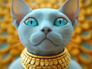 Regal sphynx cat with golden collar against ornate orange background, majestic close-up portrait of hairless feline with yellow eyes and aristocratic posture