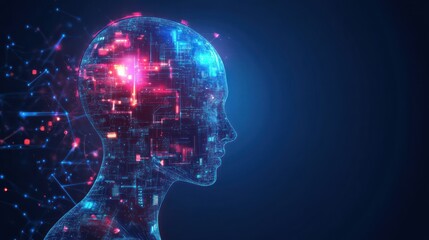 AI head profile, digital brain processing, data streams, dark background, tech concept