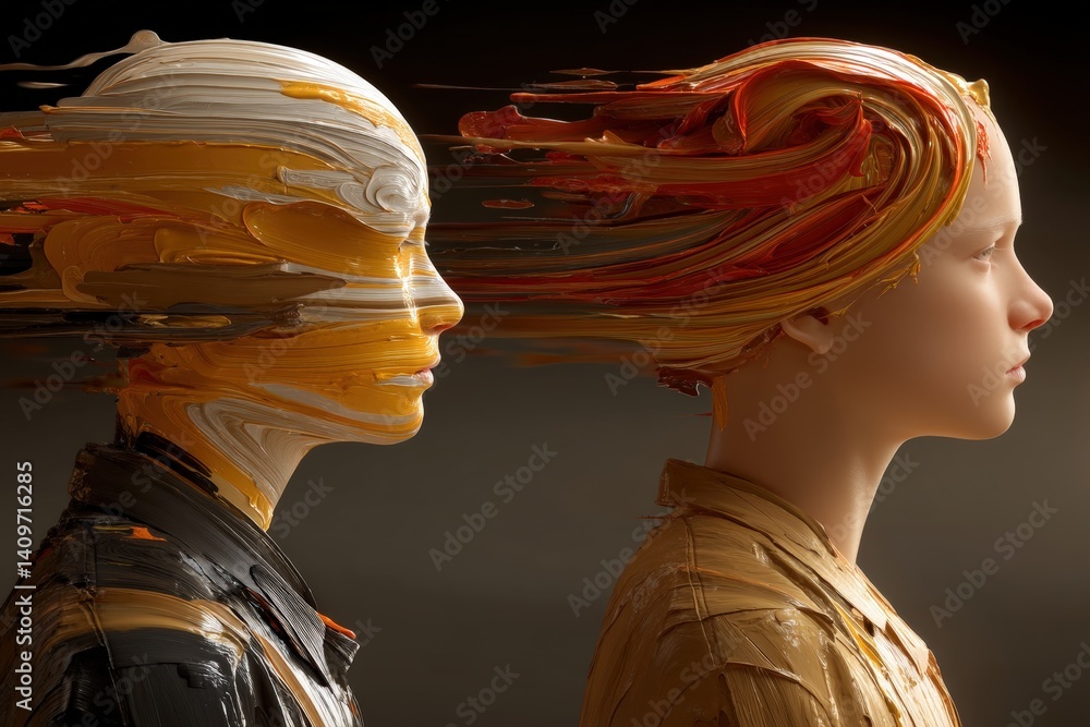 Poster two abstract figures with flowing features and distinct expressions.
