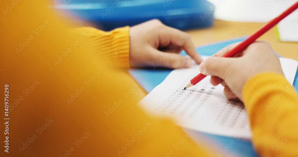 Aufkleber education, student and hands with quiz answer for multiple choice assessment, learning evaluation an