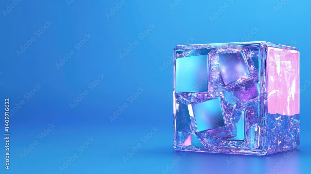 Poster ethereal ice cube composition with embedded geometric shapes against a gradient blue backdrop for re