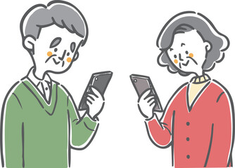 スマホを見るシニア夫婦　上半身　ベクター