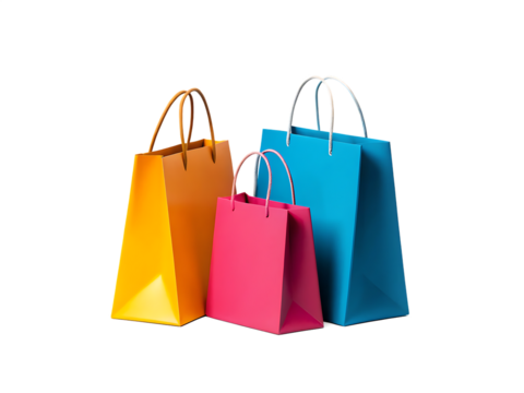 Brightly colored shopping bags isolated on a transparent background. perfect for retail, shopping, or gift-related themes in stock photos.