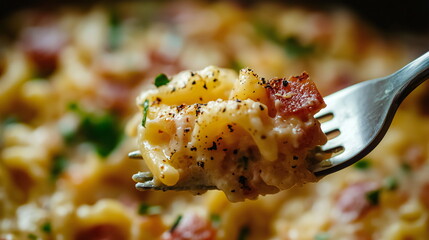 Creamy pasta dish served on a fork with savory toppings in a cozy kitchen