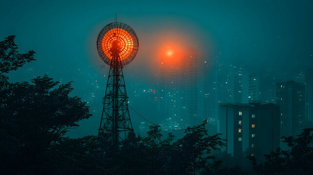 Foggy Night Cityscape with Vintage Tower