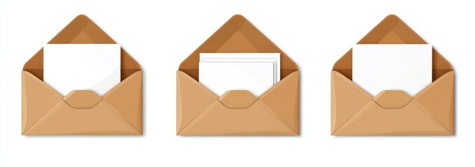 Three brown envelopes each containing white paper on display