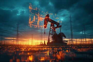 Futuristic digital overlay highlighting industrial oil pump jack extracting crude petroleum against dramatic sunset sky, depicting technological energy sector